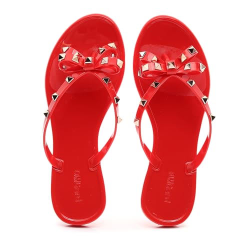Image of Studded Jelly Shoes for Womens Bow Flip Flops Jellies Sandals Flat Black Summer Beach Thong with Rivets Strappy Slides Slip On