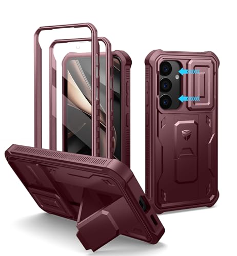 Dexnor pour Coque Samsung Galaxy S25【Double Cadre Avant et Support】 avec CaméRa Coulissante Intégrée & Protecteur d'écran, Coque de Protection Robuste Résistante Aux Chocs - Rouge Magique