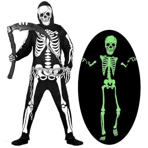 Yi'antai Disfraz de Esqueleto para Niños, Disfraz de Halloween de Esqueleto con Guadaña Cadena, disfraz de esqueleto Brilla Niño, Traje Hueso para Niños Niñas, Ropa Halloween Niño Brillan (L:150cm)