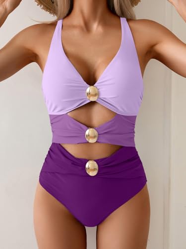 One Piece Swimsuit for Women Cutout Monokini Color Block Bathing Suit V Neck Sexy Swim Suit4