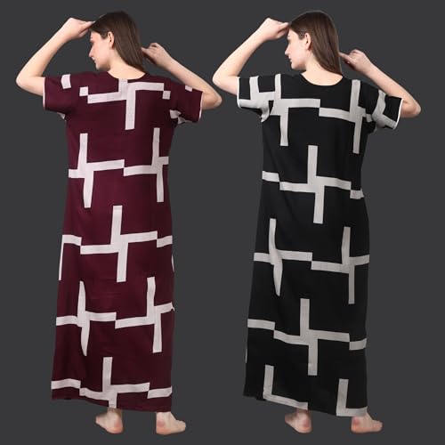 Image of Women's Nightgown | Wine Color with Abstract Geometric Print | Embroidered Neck Sleepwear | Premium Lounge Gown