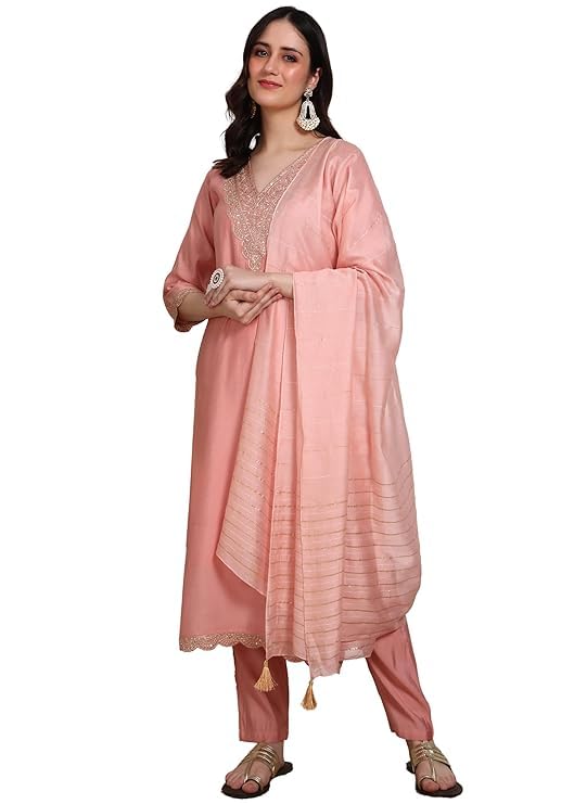 Image of Women's Viscose Rayon Embroidered Kurta Pant Set with Dupatta