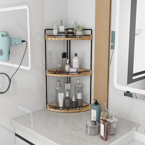 Image of Dorhors 3-Tier Corner Bathroom Organizer Countertop for Storage,Vanity Tray,Wood Counter Organizer for Kitchen,Bathroom,Dresser (Rustic Brown)