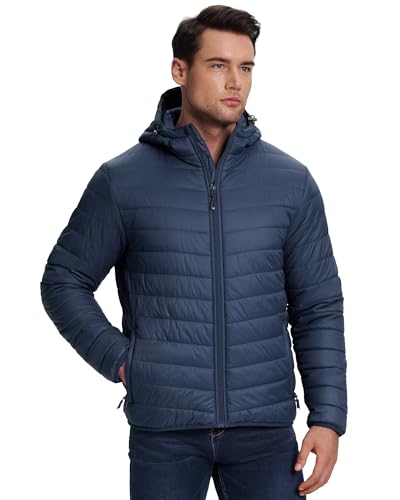 33,000ft Herren Leichte Steppjacke Outdoor Wasserbeständige Übergangsjacke Warme Winterjacke für Männer, Kapuze Wintermäntel Pufferjacke Verstaubar Schwarzblau L