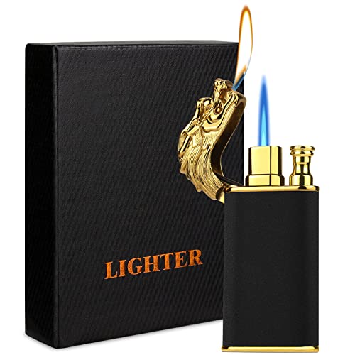 Cool Dragon Dual Flame Lighter - Outdoor Windproof Torch Switchable Soft/Jet Flame - Double Refillable Butane - Creative Gift for Men
