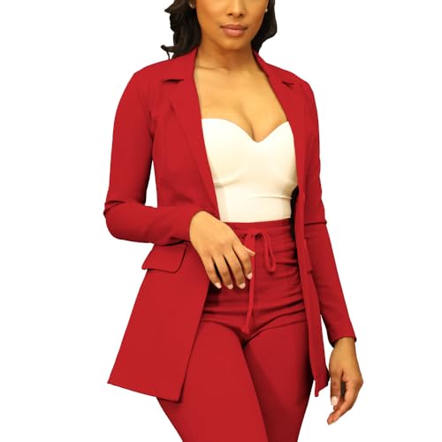PINSV Women Casual Blazer Open Front Long Sleeve Work Business Suit Jacket Womens Lightweight Lapel Button Blazers Jackets Red A L