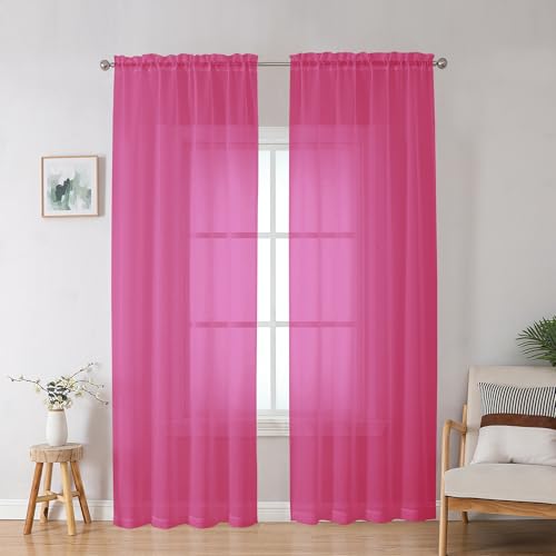 Image of OWENIE Hot Pink Sheer Curtains for Bedroom Living Room 90 Inches Long, Elegant Solid Light Filtering Window Curtain Panles, Modern Rod Pocket Hot Pink Curtain, 2Pcs, Each 42 inch W x 90 inch L