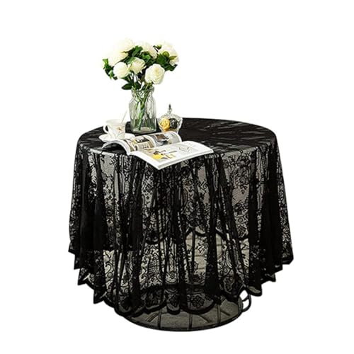 Syglawnd Nappe Ronde en Dentelle Noire, Nappe en Dentelle Noire brodée de Motifs Floraux élégants, Ronde superposée pour fête de Mariage, Vacances, Long...