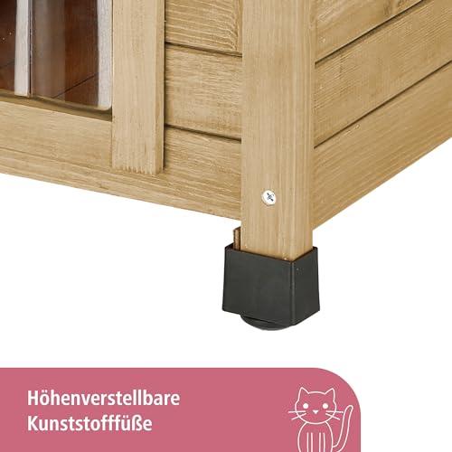 Kerbl Katzenhaus Rustica aus Holz, Schwingtüre mit Lamellen, Plexiglasfenster, Höhenverstellbare Kunststofffüße, Braun/Grün, 57 x 45 x 43 cm