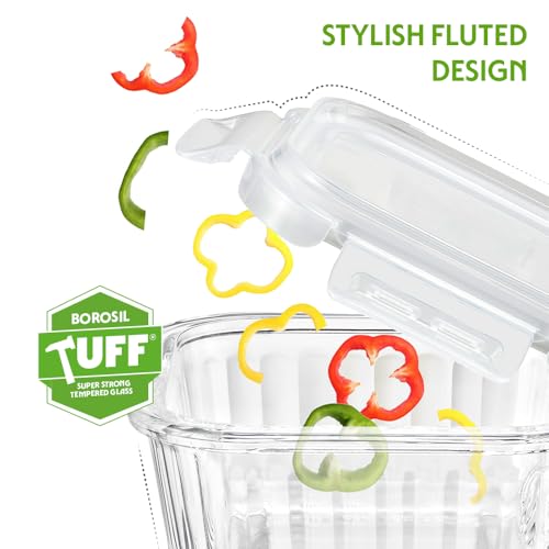 Image of Borosil 800 ml Fluted Klip N Store Square Food Storage Container with Air Tight Glass Lid | Borosilicate Glass Container for Lunchbox | Microwave & Dishwasher Safe | Transparent