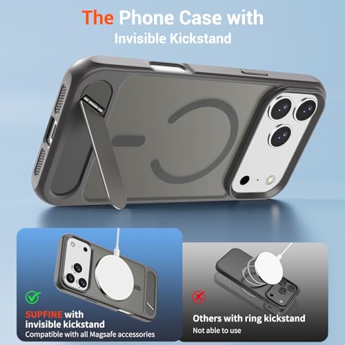 Image of SUPFINE Magnetic for iPhone 17 Pro Case Translucent Matte Phone Cover | (Built-in Invisible Kickstand)(Compatible with MagSafe)(Military Grade Drop Protection) Gray
