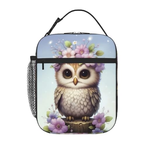SARA NELL Owl Lunch Box Cute Owl with Light Purple Floral Flower Lunch Bag for Kids Boys Girls Teens Adults, Reusable Insulated Lunch Bag for School...