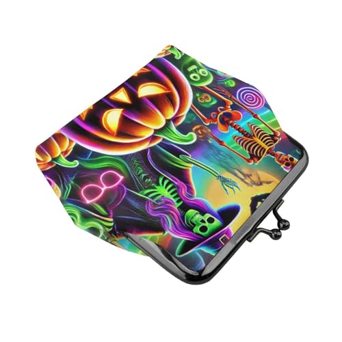 Pu Leather Buckle Coin Purse Neon-Skeletons-Bats-Halloween Girls Kiss-Lock Change Purse Wallets3