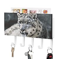 GHENBLT Snow Leopard Key Holder Rack Hanger Wall Mount Decorative Mail Holder with 5 Hooks Mail Organizer Wall Mounted Adhesive Coat & Key Hooks for Wall Entryway Hallway Kitchen Easy Installation