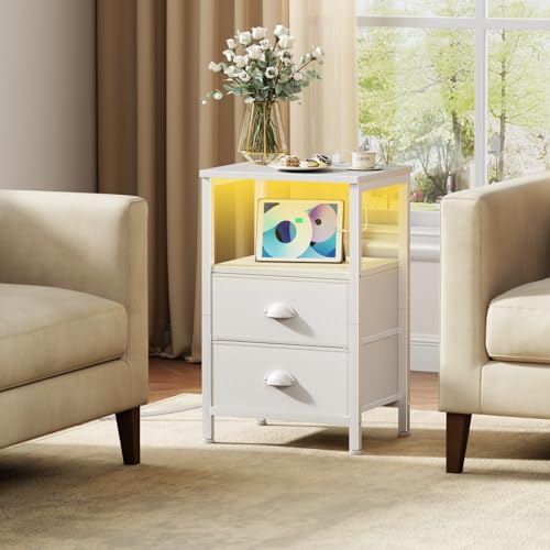 Image of Furologee LED Night Stand with Charging Station, White Nightstand with Fabric Drawers, Bedside Table with Storage Shelf, End Table for Living Room /Bedroom /Dorm