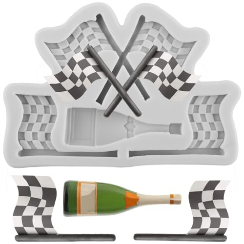 MINFEIDMS Stampi in silicone a forma di bandiera di auto da corsa, per bottiglia di champagne, fondente, cioccolato, per decorare torte di zucchero, cupcake, pasta di gomma, caramelle, argilla