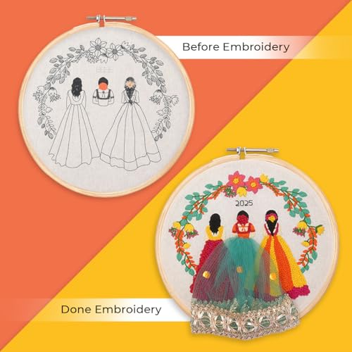 Image of picknMAKE Wedding Embroidery Kit for Beginners- DIY 3D Embroidery Hoop Art Featuring Bride & Sisters, Personalized Wedding Keepsake with Year Embroidery, Handmade Craft Kit for Gifting
