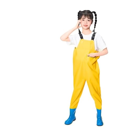 ウェーダー 子供 長靴 滑り防止 胴長 防水ズボン ショルダーベルト 簡単着脱 怪我防止 軽量 男女兼用 幼児 軽量 防滑 防撥 防汚 防水ズボン 渓流 釣り 砂遊び パッチ+接着剤を贈る (イエロー, 足長22CM)