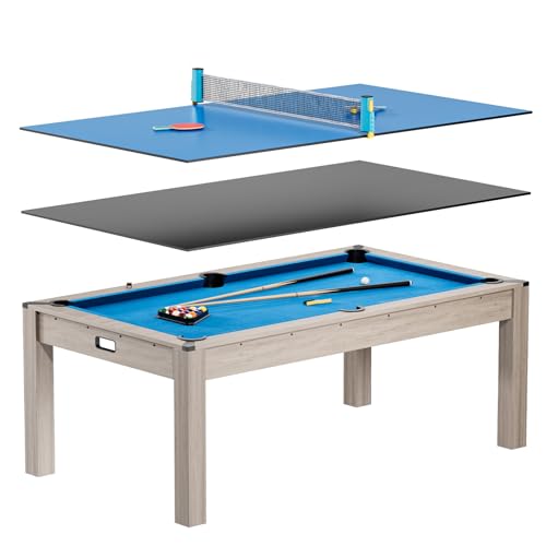 Garvee 7FT 3 in 1 Pool Table with Dining & Table Tennis Top Multi-Game Table with Accessories (Balls Cues Ping Pong) Convertible Billiards and Table Tennis HDF Wood Grain Finish & Chrome Accents