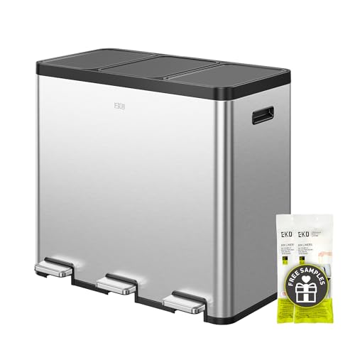EKO Essential 3-Compartment Rubbish Bin, 3 x 20 Litres, Waste Separation System, Kitchen Pedal Bin, Includes 20 Rubbish Bags, Large Capacity Waste Bin with Lid, Soft Close and Airtight, Brushed
