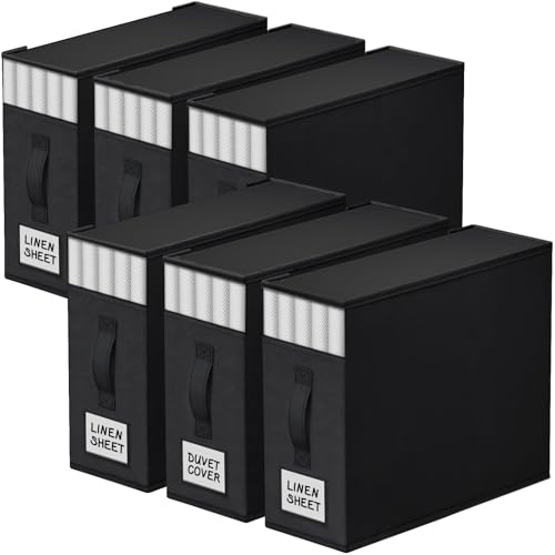 Image of StorageTastic 6 Pack Bed Sheet Closet Organizers and Storage,Sturdy Foldable Storage Containers with Window and Label,Storage and Organization for Bedding Sheets,Duvet Covers,Blankets (Black)