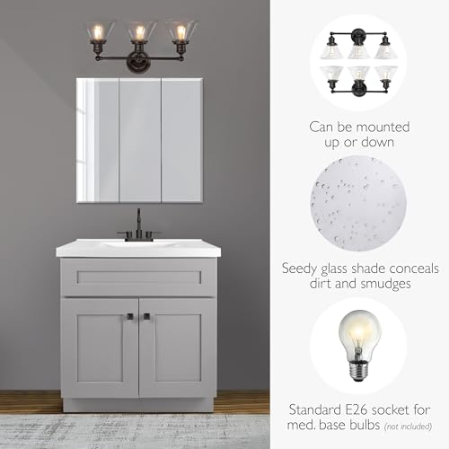 Image of Design House Augustin Vanity Light, 3-Light, Seeded Glass Warm Glow, Dimmable, Up /Down Glow, Easy Installation, E26 Socket, Black, 25.9 in L x 8.3 in D x 11.1 in H, 589036-BLK