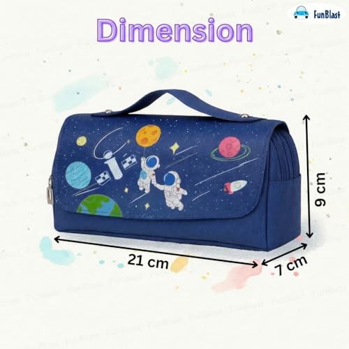 Image of FunBlast Multi-Purpose Pouch - Double Compartment Large Capacity Pouch - Happy Planet Zipper Pencil Case for Kids, Pencil Box for Kids, Stationary Pouch for Students School Supplies (Navy Blue-A)