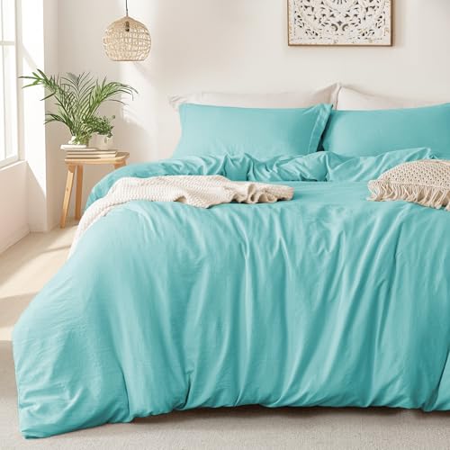 Image of MILDLY Duvet Cover King Ultra Soft Comforter Cover Set 3pcs, Aqua Blue | Washed Microfiber Cotton-Like, Breathable Comfort, Hidden Zipper, Corner Ties, OEKO-TEX Certified, Fade Resistant