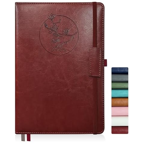 Qefuna Notebook Journal for Women Men,256 Pages A5 Hardcover Leather Journaling Notebooks for Work,lined journal/notebook with 100Gsm Paper,Pen Holder and inner pocket 5.8"×8.4"(Wine Red) Cover
