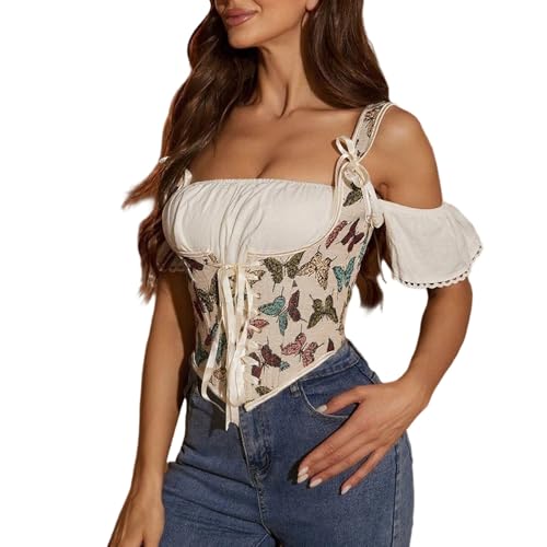 Trachten Mieder Damen Trachtenmieder Corsage Im Landhaus Stil - Vintage Blumendruck Bustier Mittelalter Floral Print Bridal G-Schnur Bustiers Gothic...