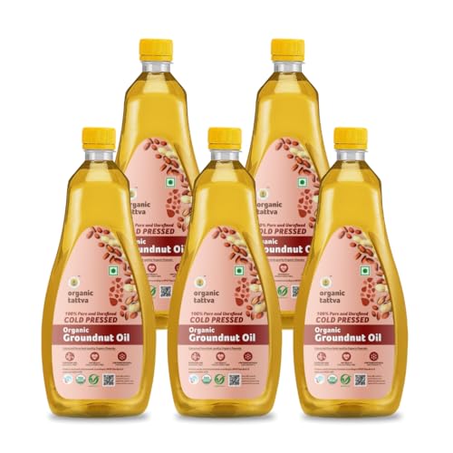 Image of Organic Tattva, Organic Groundnut (Peanut) Oil, 1 Litre | Unrefined Moongphali ka Tel | Cholesterol and Tran Fat Free| 100% Organic | Pesticide and Chemical Free | Pure and Unadulterated | Double Filtered | Expeller-Pressed | Pack of 5