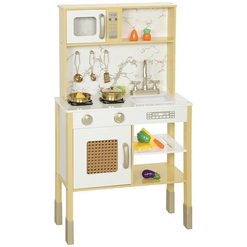 AIYAPLAY Cocina de Juguete de Madera con Sonido, Cocinita Infantil con Accesorios de Acero Inoxidable, Microondas, Horno, Fregadero, Verduras para Cortar, para Niños a Partir de 3 Años, Dorado