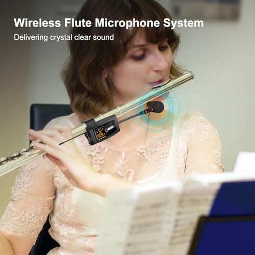 Image of Wireless Flute Microphone System, UHF Wind Music Instruments Microphone with Rechargeable Receiver and Transmitter 196ft Range, Professional Tubular Instrument Clip Great for Flute, Piccolo