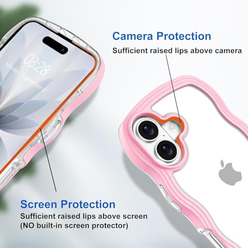 Image of GoldKart iPhone 17 Case Wavy Edge Clear Back Design, Anti-Slip Grip Cute Wave Curly Frame Shape Shockproof Soft TPU & Hard PC Bumper Protective Phone Case Cover for Women Girls - Pink