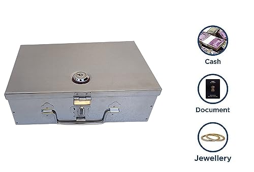 Image of Stainless Steel Cash /Jewellery /Coin Storage Rectangular Silver Boxes with Pre-Fitted Lock (10 inch X 7 inch X 3 inch)(With Pre fited One Lock & 2 Key) perfects-gift for storage