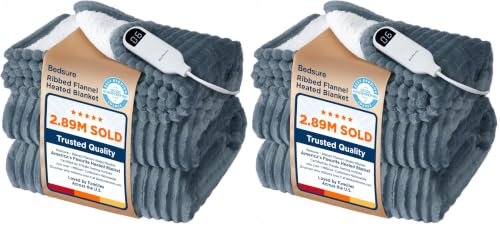 Image of Bedsure GentleSoft Heated Blanket Throw - Soft Ribbed Flannel Electric Blanket, Gifts for Grandma (50x60 inches, Grey) (Pack of 2)