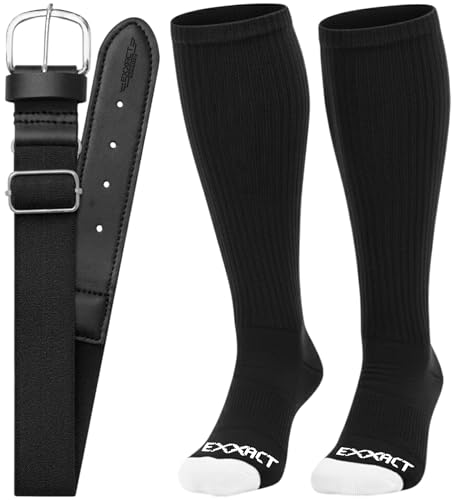 Exxact Sports Youth Baseball Socks and Belt Combo for Boys Girls - Soft Durable Softball Socks and Belt Youth & Adult Sizes (Black Small)
