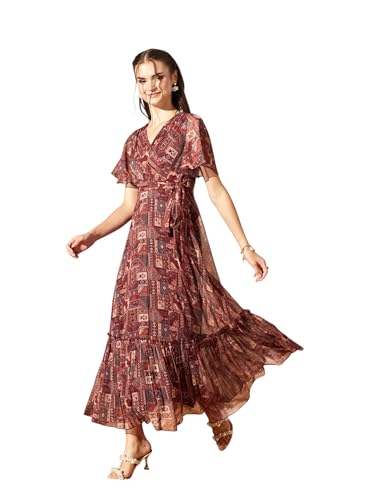 Image of Miss Chase Women's Floral V-Neck Flutter Sleeve Wrap Chiffon Maxi Dress