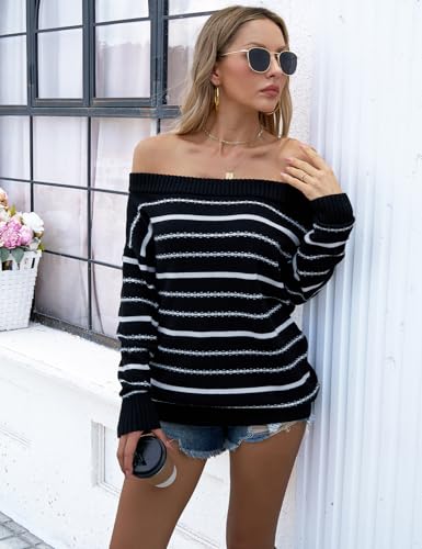 Image of VIMPUNEC Womens Off The Shoulder Sweaters Color Block Oversized Pullover Sweater Cable Knit Chunky Striped Tops Black White S
