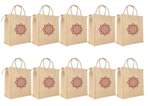 Image of Soman Jute Ecofriendly Return Gift Bags Rangoli printed with Zip Natural Pack of 10 Bags