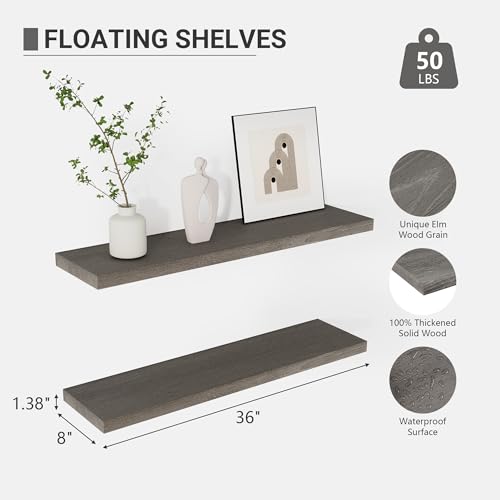Image of Vivelove Elm Wood Floating Shelf 36x8 inch Set of 2, Grey