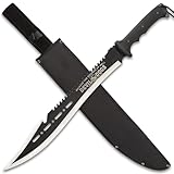 Devil Dogs Full Tang Machete with Sheath Military - Black Handle | AUS-8 Stainless Steel | 17 ¾” Razor Sharp Blade | Sawback Serrations & Gut Hook | No Slip Handle | Two-Toned Finish - 25' Length