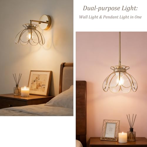 Image of Vintage Brass Ceiling Pendant Light with Stained Lotus Flower Clear Glass Shade, Oriental Hanging Lamp or Wall Sconces Dual-Purpose, for Kitchen Island Dining Room Bedroom Living Room-7.9 inch Shade