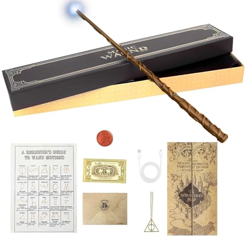 RNPKZ Magic Wand 38 cm Her-mione Light Up Wand Magic Wands in Gift Box with Spell Card Station Ticket & Necklace Bracelet Dumbledore Magice Wands in Gift Box Suitable for Halloween Costume Parties