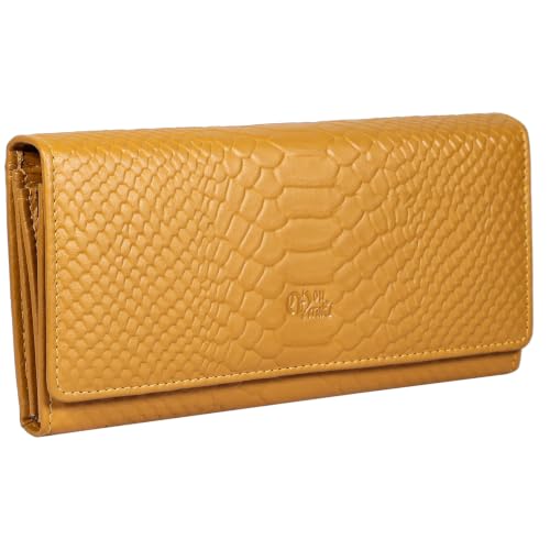 Image of Women's Top Grain Leather Wallet, RFID Blocking Bifold clutch, 17 Card Slots, Zip Pocket Organizer, Elegant Gift for Women - Birthday, Valentine, Anniversary - Croco Mustard