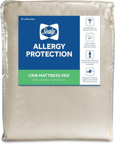 Image of Sealy Baby Organic Cotton Top Breathable Fitted Waterproof Infant Crib Mattress Protector Pad and Toddler Bed Cover, Durable and Comfortable Topper, Machine Washable, 52 inch x 28 inch- White (Pack of 6)