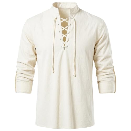 FJKVKDT Chemise médiévale de la Renaissance pour homme, chemise pirate à lacets avec col en V, manches longues, chemise gothique à col montant pour...
