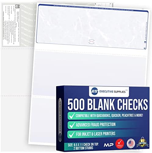 500 Blank Check Stock-Check on Top-Blue Marble Pattern-Compatible with Quickbooks,Quicken,Versacheck and More-(500 Laser Security Sheets-8.5''x11'' #24)-Made in USA with Pride!