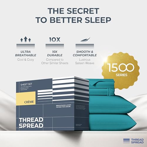 Image of THREAD SPREAD 100% Egyptian Cotton Sheets California King Size - 1500 Series Cal King Sheets Egyptian Cotton (4 PC, Teal), Silky Soft, Sateen Weave, Cooling & Breathable, 17 inch Deep Pocket Bed Set