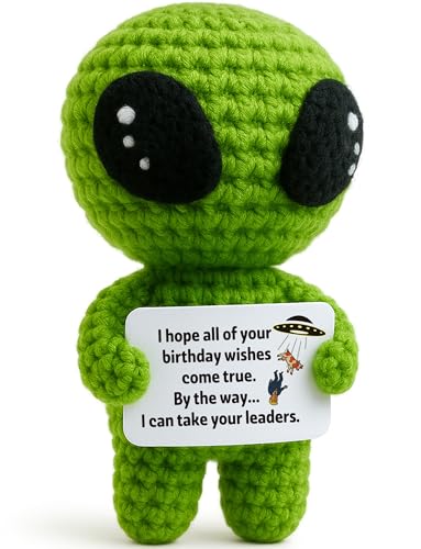 MAMAGIFTREE Funny Birthday Gift for Women Men Coworker, Friend, Boss, Adult, Hilarious Gag Bday Crochet Alien with a Sarcastic Message Card, Office Decor for Her Him